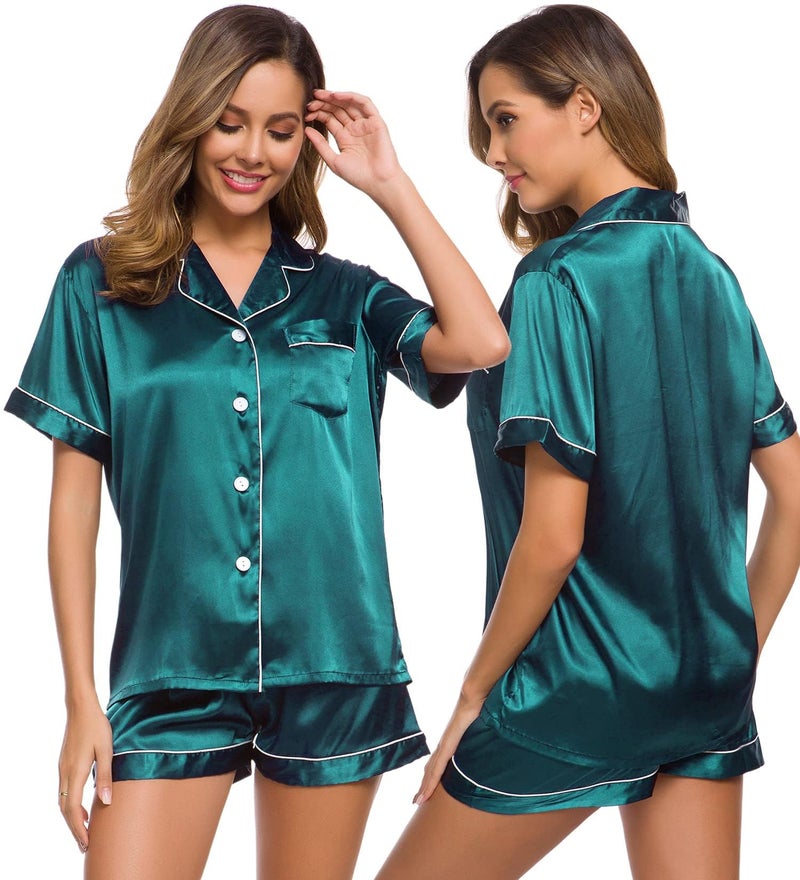 SWOMOG Pajamas Set Short Sleeve Sleepwear Womens Button Down Nightwear Soft Pj Lounge Sets Green - Image 1
